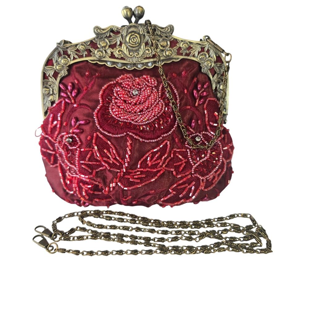 Vintage inspired red satin beaded kiss lock purse w/2 chain lengths *see photos